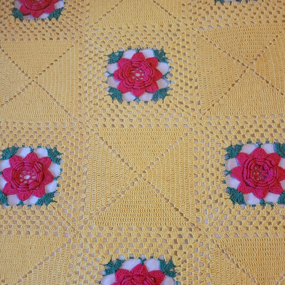 Vintage Yellow Crochet Throw Blanket with 3D Floral Design - Picture 5 of 16